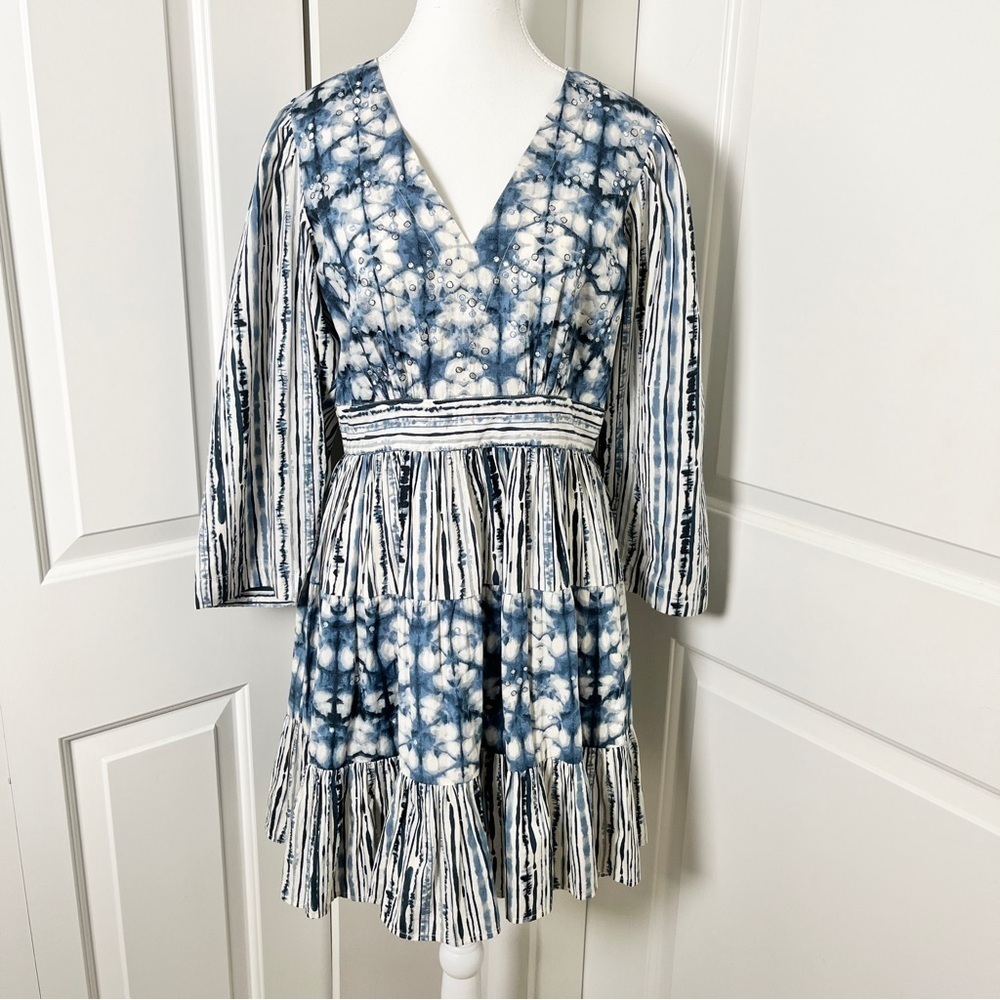 Anthropologie “Behati” Mini Dress Boho Shibori Tie-Dye Metallic Embroidery Small